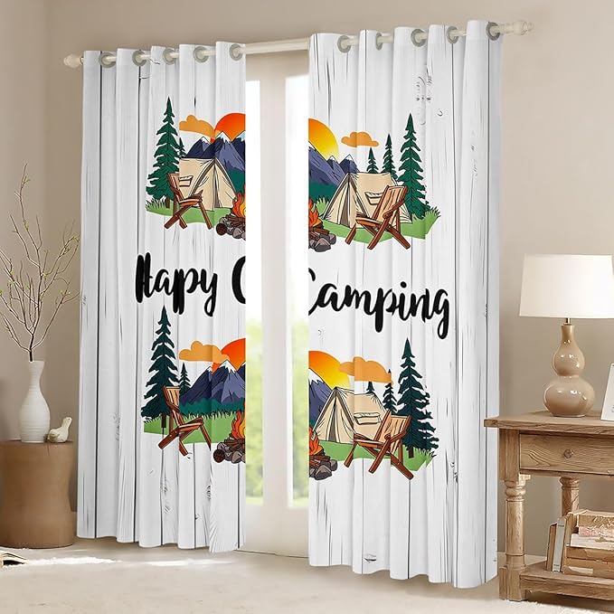 Erosebridal Camper Travel Window Drapes Happy Camping Blackout Curtains 52" Wx63 L Camping Adventure Curtains for Bedroom Living Room,Retro Forest Camp Window Treatments 2 Panels