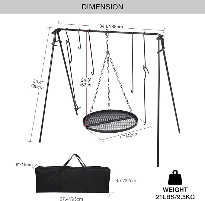 REDCAMP Swing Campfire Grill Stand - Collapsible Campfire Cooking Rack with 6 Hooks & Iron Grill Grate, Portable Dutch Oven Hanger for Outdoor Camping, Cookware, Bonfire, Round