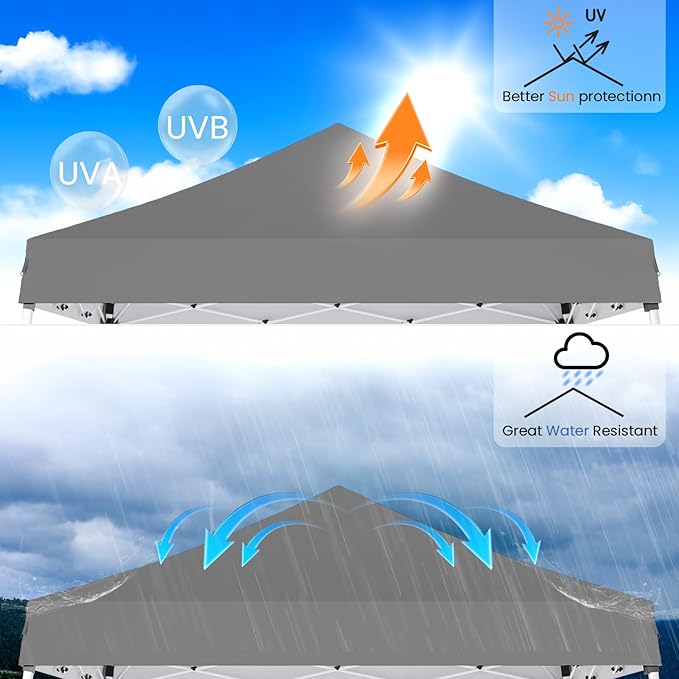 Pop-up Canopy Tent,Portable Outdoor Canopy for Parties Camping,Slant Legs Folding Tent,Sports Shelter,Beach Tent,Base 10x10 Top 8x8,3 Adjustable Height(Grey)
