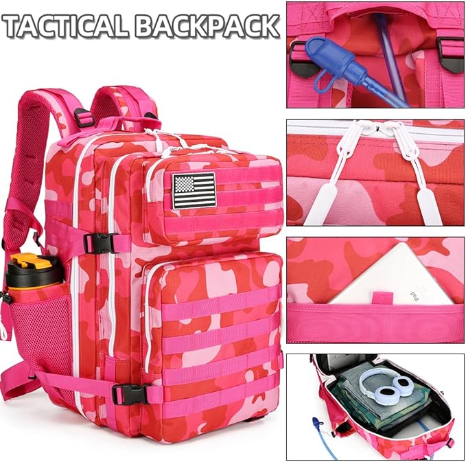 45L Military Tactical Backpacks 3 Days Assault Pack Bag Fitness Rucksack 3 Day Bug Out Bag Hiking Treeking Molle Daypack (Rose Red CP)