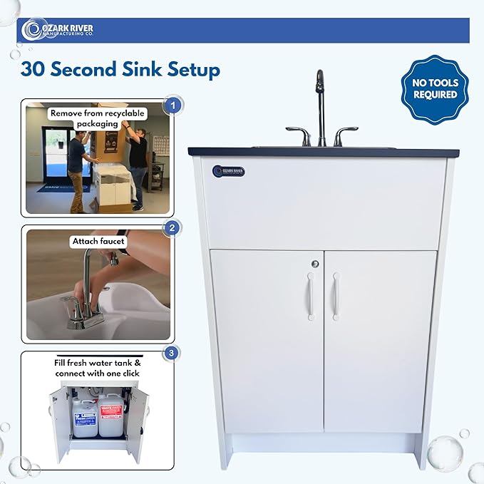 Ozark River Portable Sinks Essential Series, Black Laminate Countertop-White Cabinet-Stainless Basin, Mobile Hot Water Hand Washing with Water Tanks,110v Portable Handwashing Sink