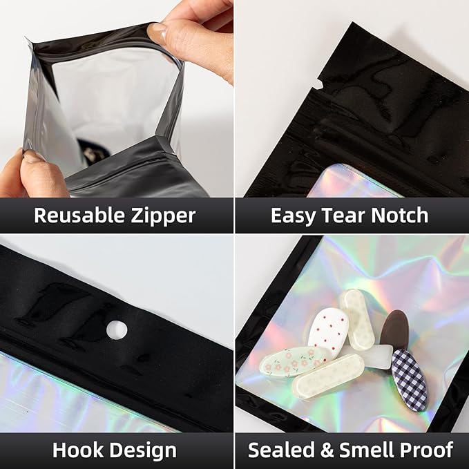 50Pcs Black Holographic Mylar Bags, 6.3x9.4 inch Resealable Foil Zipper Pouches for Gummies, Party Favors, Small Business Packaging