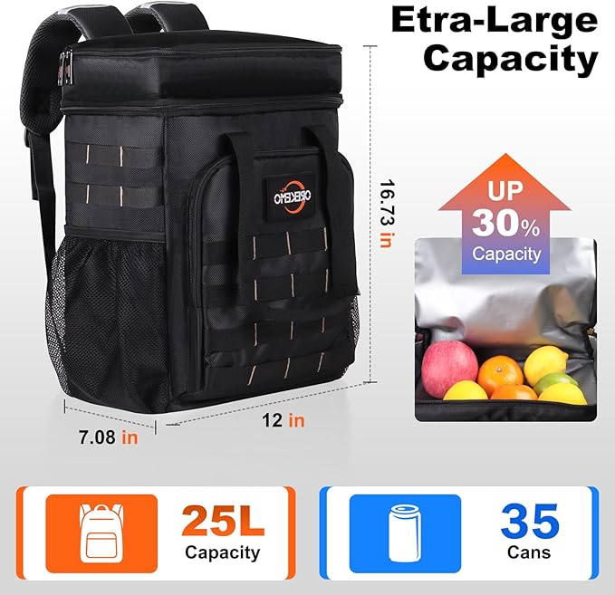Insulated Cooler Backpack, 35 Can / 25L Large Camping Backpack for Outdoor, Beach, Picnic - Soft Lightweight Leakproof Cooler Backpack for Women and Men (Black, 25L)