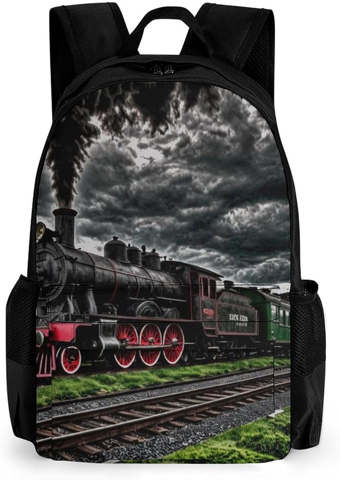 Polyester Daypack Backpack for Sports Travel Running, Big Capacity Anti-Theft Multipurpose Carry On Bag, Old Train Dark Sky Laptop Book Bag Rucksack