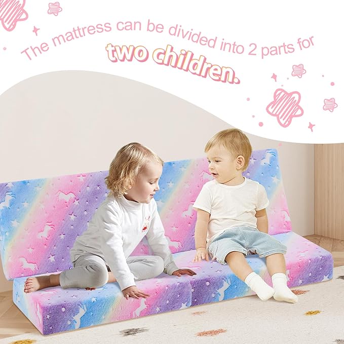 MeMoreCool Kids Folding Mattress, Trifold Mat Foldable Floor Mattress for Kids, 63x26 Portable Floor Mat with Washable Cover and Carry Bag, 4 Inch Foam Medium Firmness, Rainbow