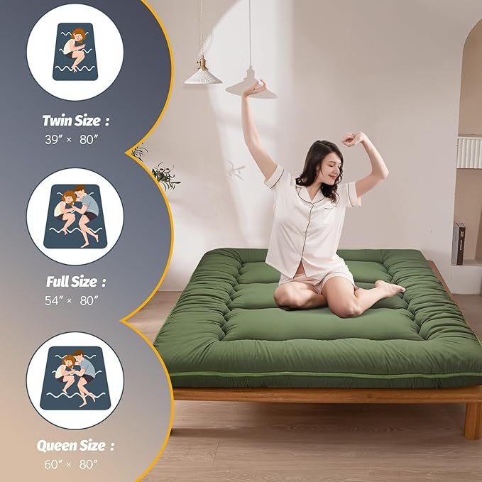 MAXYOYO 6" Extra Thick Japanese Floor Mattress Futon Mattress, Foldable Tatami Pad for Adults, Roll Up Floor Bed for Guest Room Bedroom RV, Green, Queen