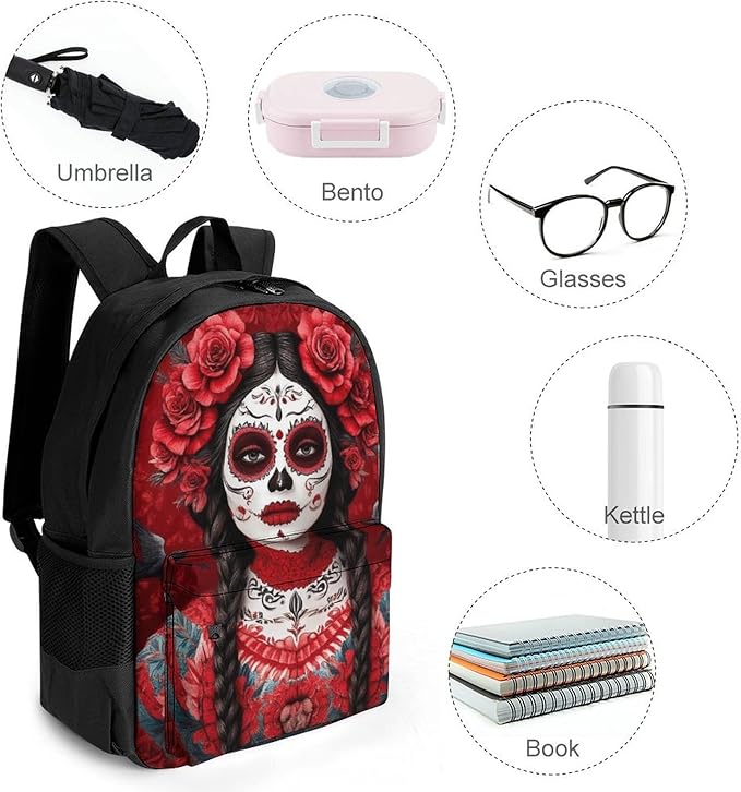 Rucksacks Lightweight Multipurpose Anti-Theft Mexican Red Rose Sugar Skull Floral Women Day Of The Dead Art Shoulder Bag Big Capacity Laptop Book Bag Rucksack With Padded Straps