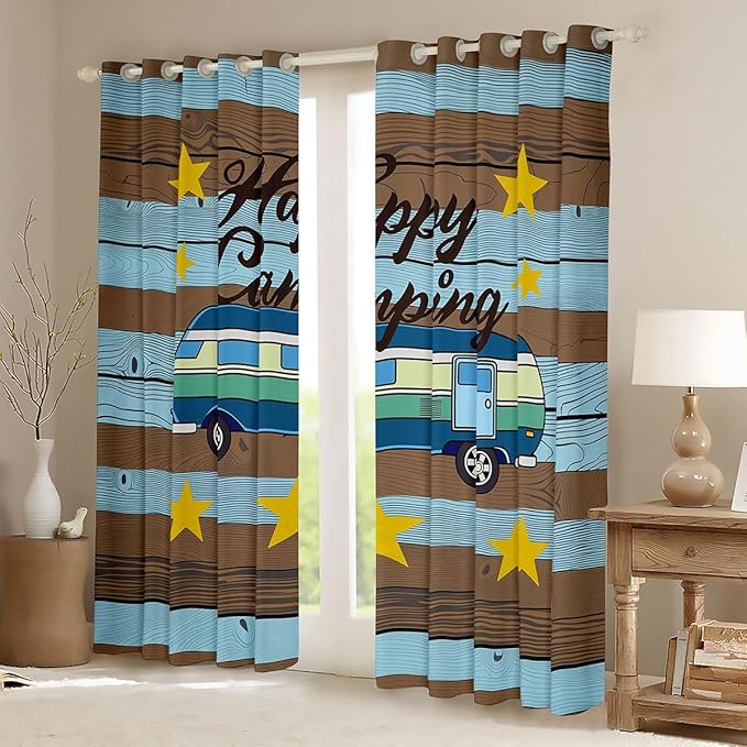 Erosebridal Camper Car Window Drapes Happy Camping Blackout Curtains 42" Wx90 L Retro Wooden Board Stars Print Curtains for Bedroom Living Room,Summer Camp Rustic Farmhouse Window Treatments 2 Panels