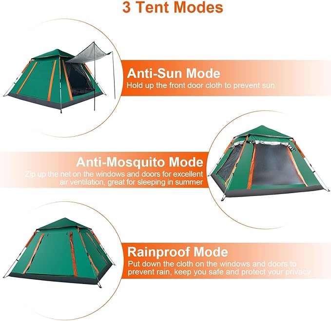 4-6 Person Pop-Up Camping Tent, Portable Instant Setup Family Tent with 2 Windows, for Hiking, Backpacking & Outdoor Adventures, Waterproof & Windproof