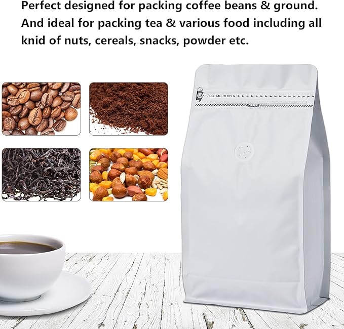 50 Pack Coffee Bags with Aluminum Foil and Degassing Valve, Resealable High Barrier Storage Bags, Odor-Proof for Coffee Beans, Stand Up Coffee Pouch, Flat Bottom (Small-8OZ, White)