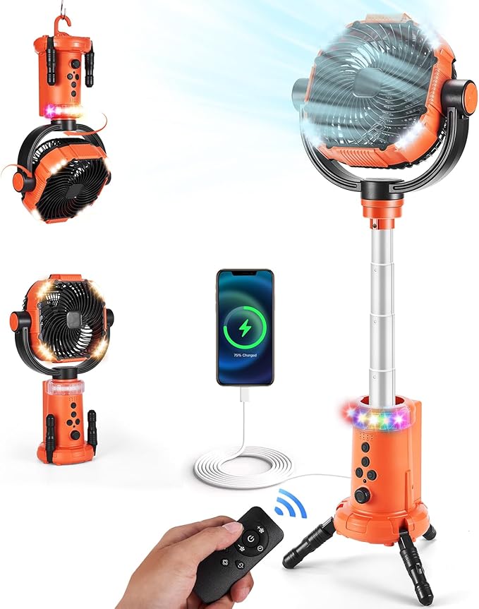 Odoland 20000mAh Camping Fan with Lantern, 360° Oscillation Rechargeable Battery Operated Outdoor Power Fan with Remote, Hook ＆ RGB Light for Camp, Family Travel and Jobsite, Orange