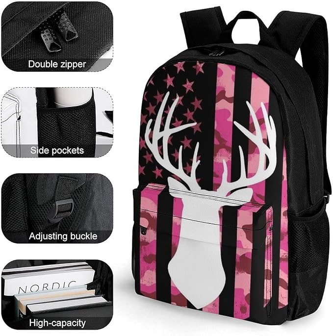 Lightweight Daypack for Camping Business Walking Cycling, Large Capacity Anti-Theft Multipurpose Bookbag, American Flag Camo Funny Deer Hunting Pink Camouflage Gym Outdoor Hiking Backpack