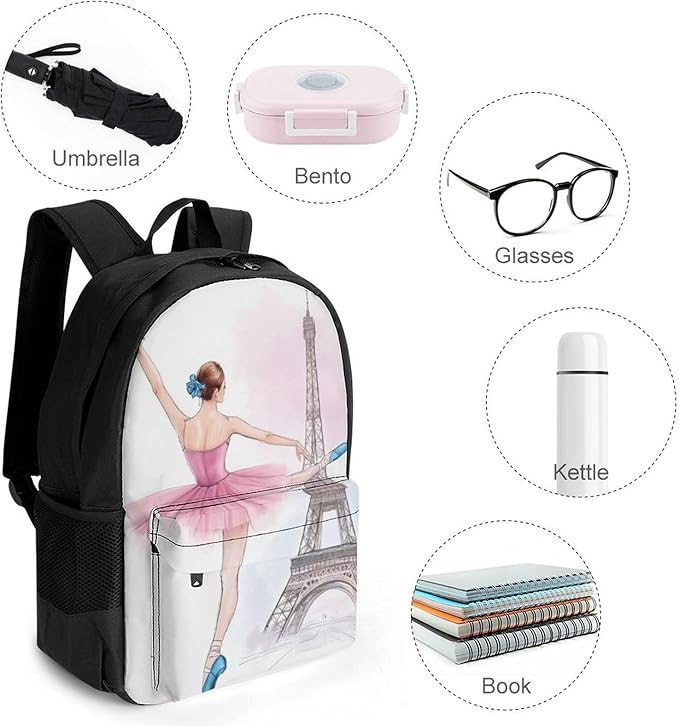 Daypack Backpack Polyester Multipurpose Anti-Theft Ballet Dancer Ballerina Eiffel Tower Shoulder Bag Big Capacity Gym Outdoor Hiking Backpack With Smooth Zippers