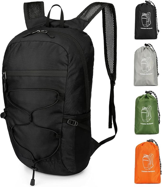 Small Foldable Nylon Hiking Backpack for Men, Ultralight Collapsible Backpack for Travel, Black