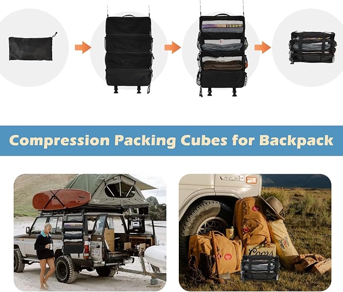 Surblue Travel Hanging Packing Cubes with 2 Hooks Hanging Shelves for Luggage Organizers Portable Compression 4 Shelf Closet Carry-on Suitcases Organizers, Medium, Black
