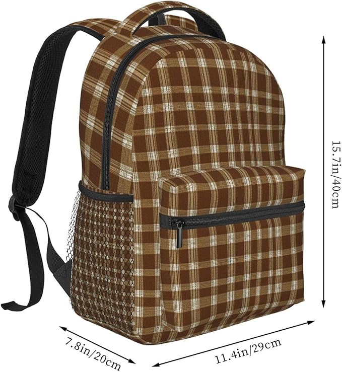 Daypack Bookbag Anti-Theft Multipurpose Large Capacity Bookbag, Beige Tartan Pattern Travel Hiking Camping Rucksack With Adjustable Shoulder Straps
