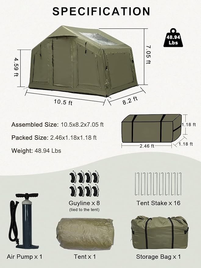 TOMOUNT Inflatable Tent for Camping 3-5 Person Large Inflatable Cabin Tent with Skylight Hand Pump Stove Jack Air Tent Blow Up House for Luxury Family Camping