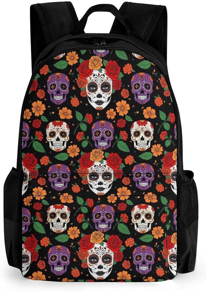 Supdreamc Polyester Daypack Bookbag for Gym Business Bicycle, Large Capacity Multipurpose Anti-Theft Carry On Bag, Day Of Dead Halloween Sugar Skulls Roses Travel Hiking Daypack