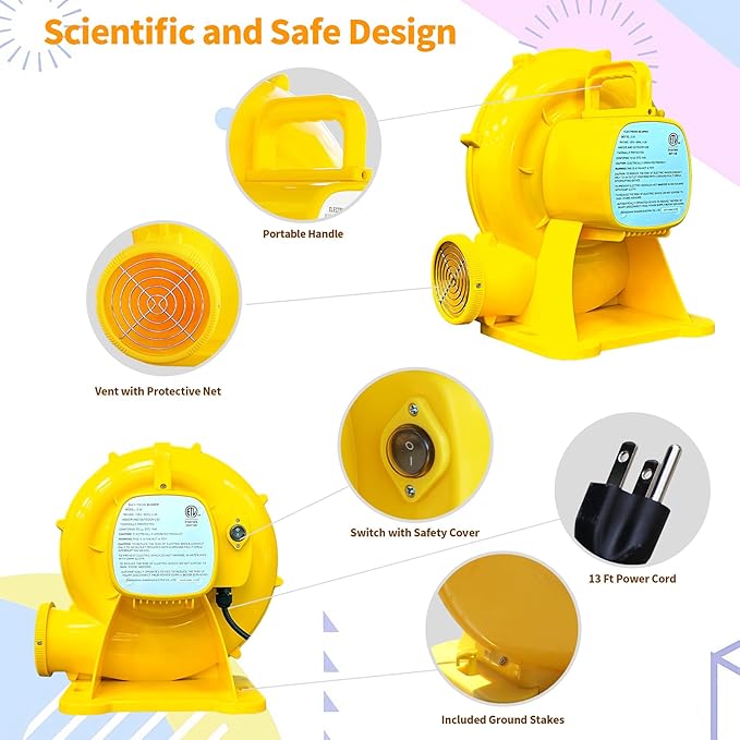Bounce House Air Blower, 520W Blower for Inflatable Water Slide, Bouncy Castle, Inflatable Screen, Inflatable Tent, Floor Fan, Dryer