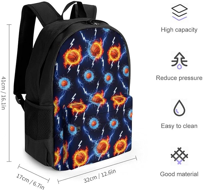 Backpack Lightweight Anti-Theft Multipurpose Water Fire Flame Basketball Print Black Shoulder Bag Large Capacity Travel Hiking Backpack With Padded Straps