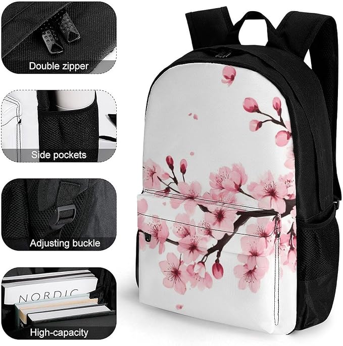Lightweight Daypack Backpack for Trekking Work Running, Big Capacity Multipurpose Anti-Theft Bookbag, Branch Of A Flourishing Tree Cherry Flowers Blossoms Spring Theme Art Business Computer Bag