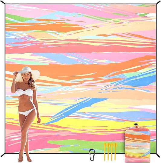 Beach Blanket, Sandproof Beach Mat, Waterproof Quick Drying Lightweight Outdoor Aztec Picnic Mat 79" X 83"/120"x108" for 2-8 Adults for Travel, Camping, Hiking