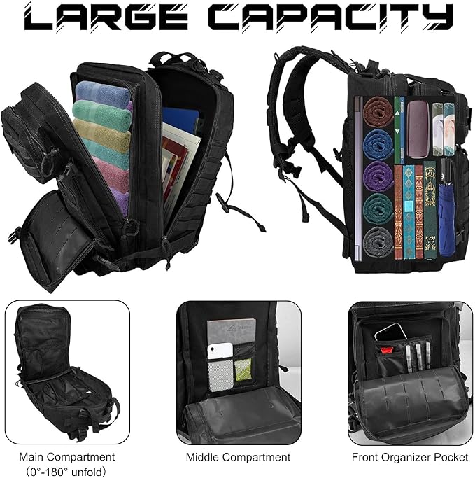 WOLT Military Tactical Backpack for Men 45L Molle Backpack 3 Day Assault Pack Bug Out Bag, Heavy Duty Rucksack for Hiking Gym(Black)