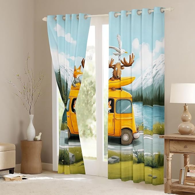 Manfei Camper Camping Blackout Curtains,RV Trailer Adventure Fox Wildlife Blackout Curtains,Pine Tree Mountain Lake Farmhouse Boys Girls Room Decor,Rustic Green 2 Panels,52Wx90L inch