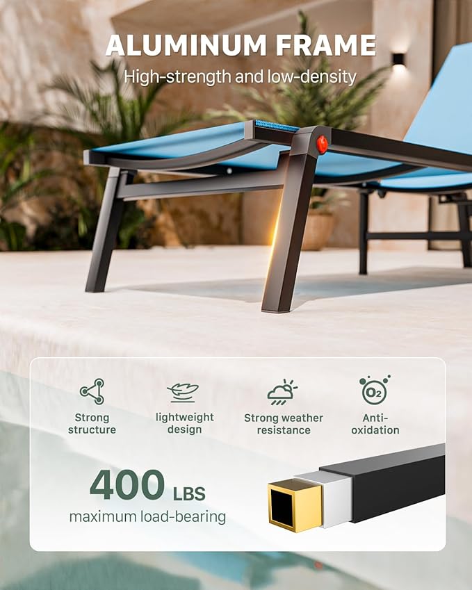 Aluminum Patio Chaise Lounge Chair Set of 2 with Side Table,5-Position Adjustable Backrest,Foldable Lounge Chair Outdoor,Pool Lounge Chairs for Poolside,Lawn,Deck,Beach (Blue, 2 Pack+Table)