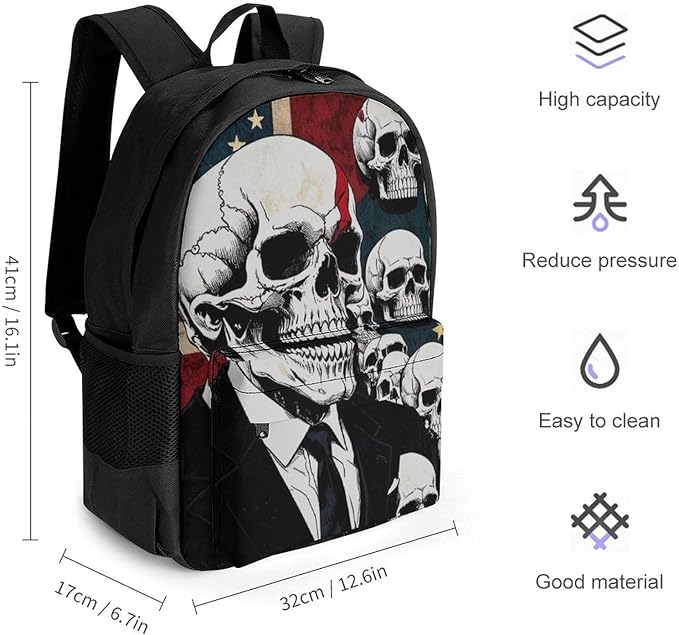 Polyester Daypack Backpack for Sports Travel Running, Big Capacity Anti-Theft Multipurpose Carry On Bag, Skull American Flag Blue Red White Laptop Book Bag Rucksack