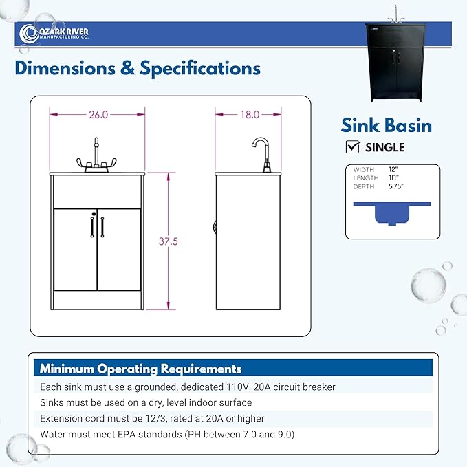 Ozark River Portable Sinks Essential Series, Black Laminate Countertop-Black Cabinet-Stainless Basin, Mobile Hot Water Hand Washing with Water Tanks,110v Portable Handwashing Sink