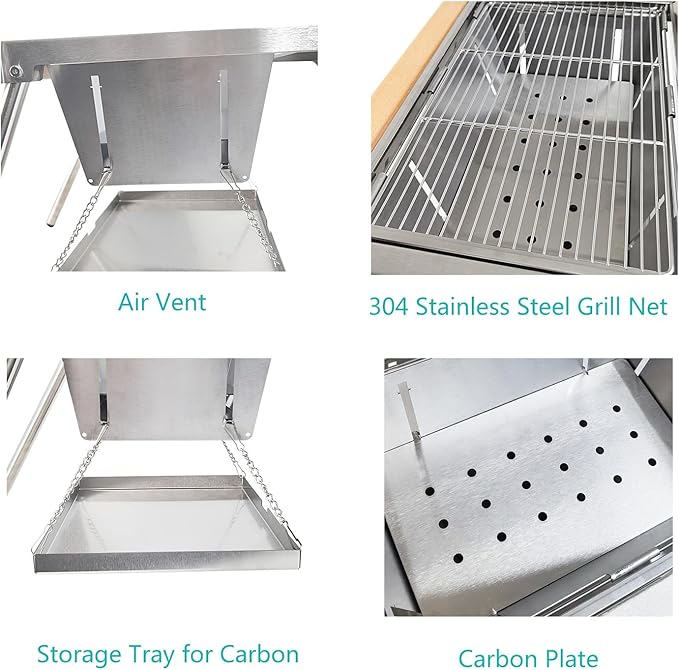 YBTMG 2-in-1 Folding IGT Camping Table with Charcoal Grill, 31.7x17.3" Stainless Steel Multifunctional BBQ Grill Desk for Garden Backyard Party Picnic Travel