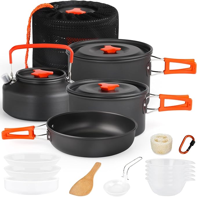 Gutsdoor Camping Cookware Set Camping Gear Campfire Utensils Non-Stick Cooking Equipment Lightweight Stackable Pot Pan Bowls with Storage Bag for Outdoor Hiking