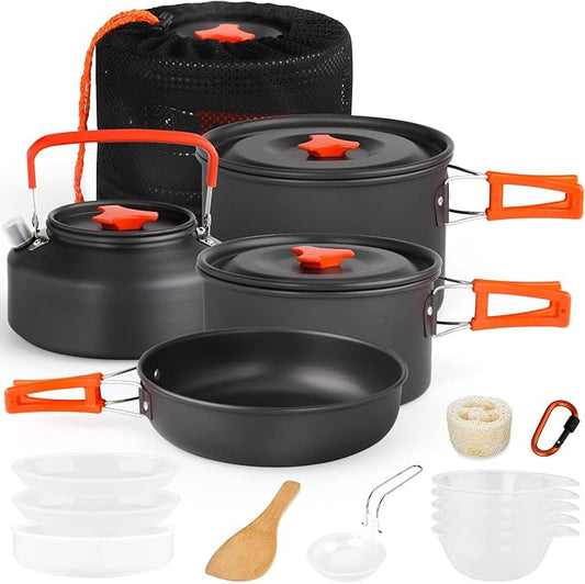 Gutsdoor Camping Cookware Set Camping Gear Campfire Utensils Non-Stick Cooking Equipment Lightweight Stackable Pot Pan Bowls with Storage Bag for Outdoor Hiking