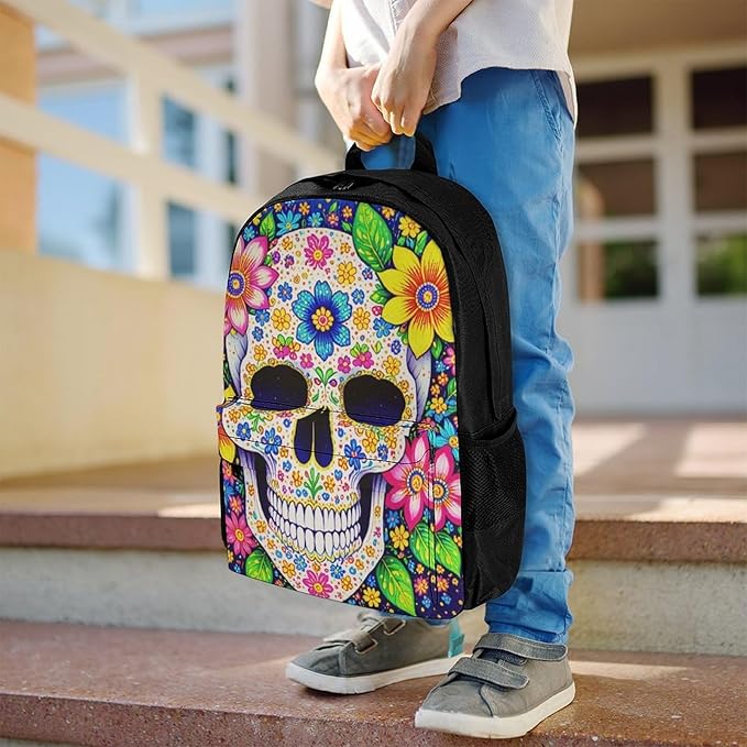 Supdreamc Men Women Polyester Sugar Skull Colorful Day Of The Dead Art Daypack Backpack Large Capacity Carry On Bag With Smooth Zippers for Hiking Picnic Walking Cycling