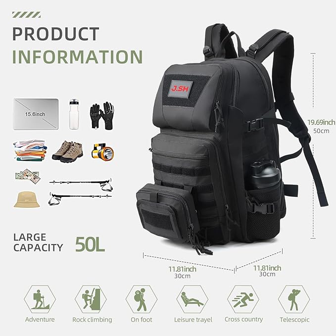 J.SH 50L Military Tactical Backpack for Men, 3 Day Assault Backpack, PVC Waterproof Coating & MOLLE System, Holds 17in Laptop Suitable for Hiking, Camping, Survival Training, Gym Backpacks - Black