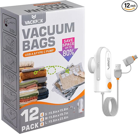 Vacuum Bags for Travel with USB and TYPE C Pump,vacuum seal travel bags,12 Pack Carry-on Size Compression Packing Bags for Luggage,Space Saver for Clothes and Clothing Travel（Grey）
