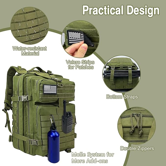 WOLT Military Tactical Backpack for Men 45L Molle Backpack 3 Day Assault Pack Bug Out Bag, Heavy Duty Rucksack for Hiking Gym(Army Green)