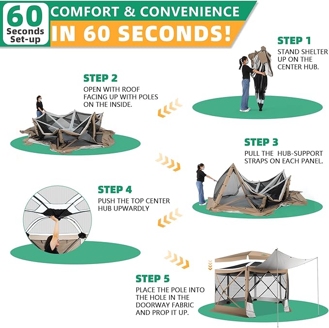 COBIZI 12x12FT Pop Up Gazebo Screen Tent Screen House for Camping, Camping Outdoor Screened Gazebo with Sidewalls, Hub Tent Instant Screened Canopy with Carrying Bag and Ground Stakes, khaki(Upgraded)