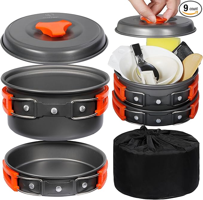REDCAMP 6/10/11/12/14/15/19 PCS Camping Cookware Mess Kit Camping Gear Campfire Utensils Lightweight Stackable Pot Pan Bowls Soup Spoon with Storage Bag for Camping, Backpacking, Outdoor Cooking