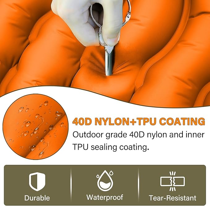 Camping Sleeping Pad, Ultralight Camping Pad with Pillow Built-in Foot Pump Inflatable Sleeping Pads Compact for Camping Backpacking Hiking Traveling - Orange