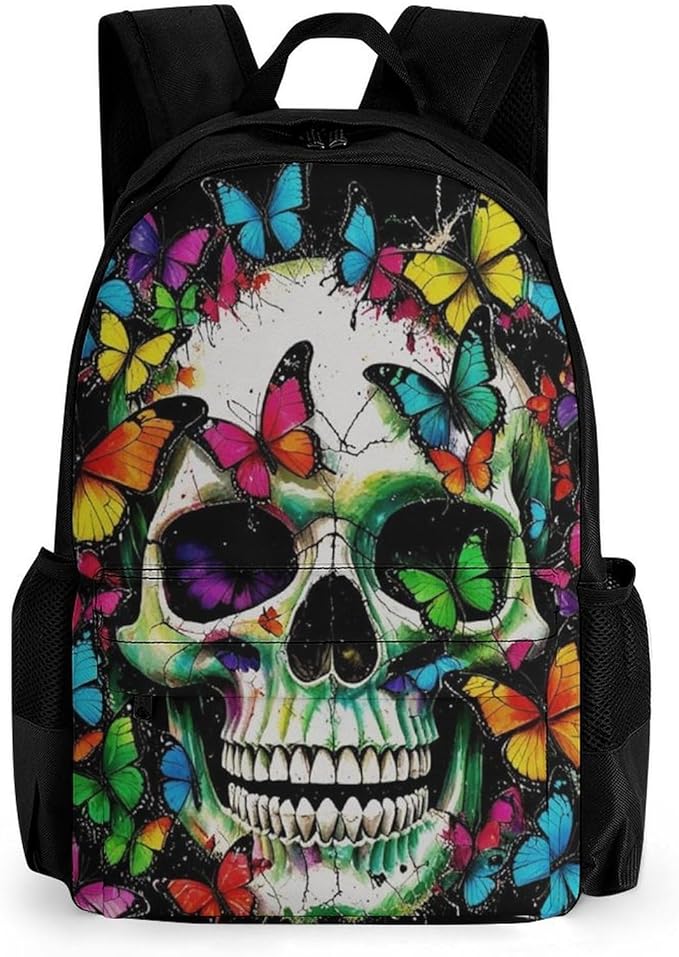Men Women Polyester Mexican Skulls Colorful Butterfly Daypack Bookbag Big Capacity Shoulder Bag With Padded Straps for Climbing Travel Walking Cycling