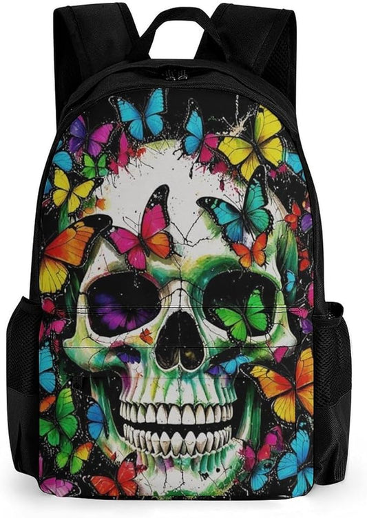 Men Women Polyester Mexican Skulls Colorful Butterfly Daypack Bookbag Big Capacity Shoulder Bag With Padded Straps for Climbing Travel Walking Cycling