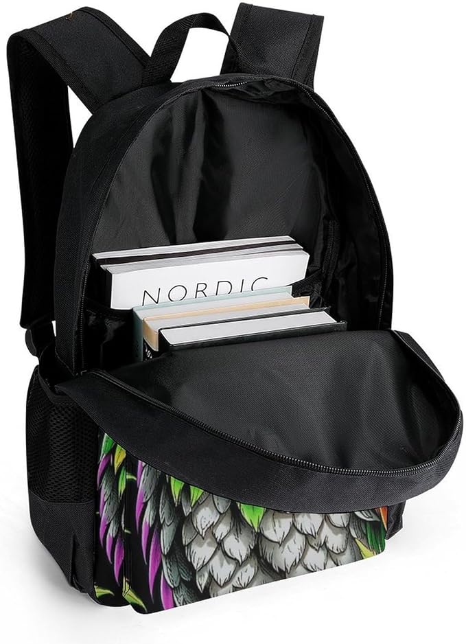 Supdreamc Women Men Polyester Owl Green Weedleaf Art Casual Daypack Large Capacity Bookbag With Side Pockets for Sports Picnic Walking Cycling