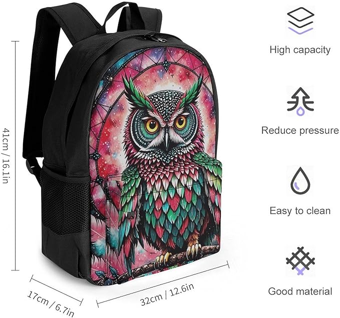 Supdreamc Rucksack Anti-Theft Multipurpose Large Capacity Carry On Bag, Green And Pink Owl Wind Chimes Space Galaxy Travel Hiking Bag Day Pack With Side Pockets