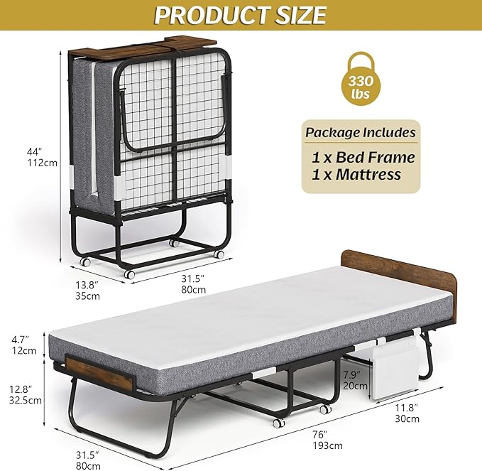 Folding Bed with 5" Mattress Wooden Headboard Side Pocket Cot Size Portable Beds for Adults Folded Guest Bed, Home Office,Fold Up Roll Away Beds for Easy Storage (Rustic Brown, Cot 75x31)