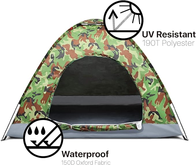 Flexzion 4 Person Camping Tent, Camouflage - Large Waterproof Lightweight Family Tent with Portable Carrying Bag, Ventilation Window Mesh, Easy Setup for Trekking Hiking Hunting