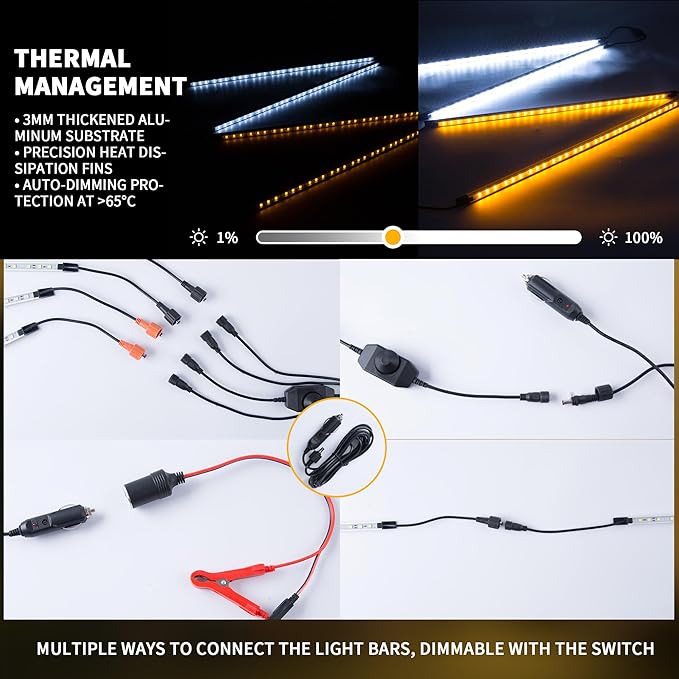 12V LED Light Bar Kit, 2 Bars White & 2 Bars Amber Adjustable Brightness RV Camping Lights - Waterproof IP67, Magnetic & Velcro Mount, Portable Lighting for Tent, Car, Trailer, Boat, Truck, Off-Road