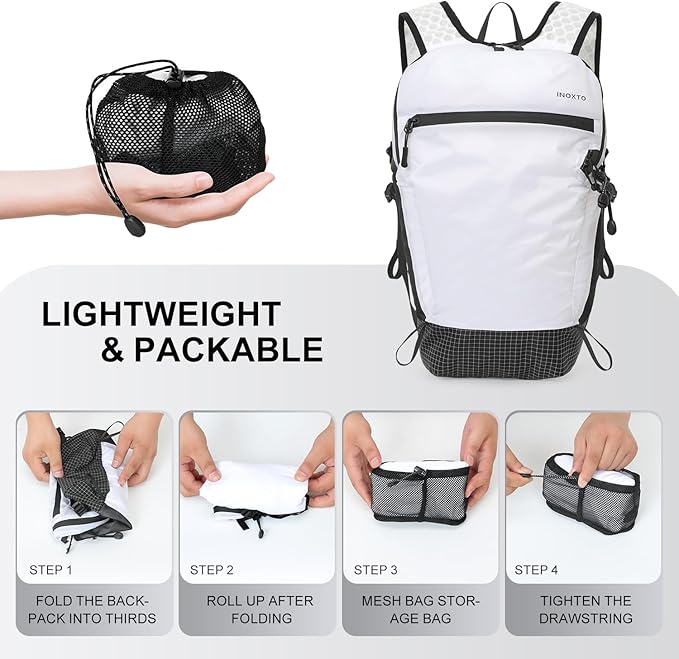 IX INOXTO Hiking Backpack 15L/22L Ultra Lightweight Packable Travel Backpack Small Waterproof Foldable Outdoor Day Pack with Two 500ML soft flasks for Men Women (White)