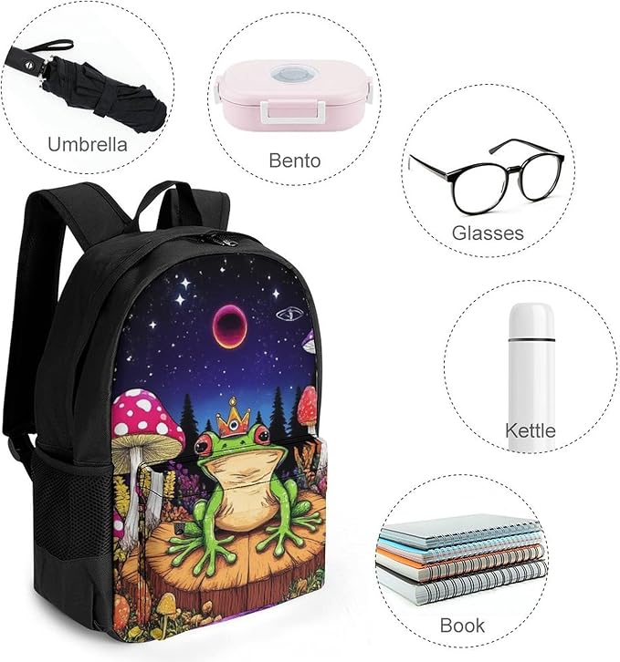 Supdreamc Rucksack Polyester Anti-Theft Multipurpose Magic Mushrooms Frog Trippy Art Bookbag Big Capacity Travel and Sport Backpack Rucksack With Side Pockets